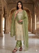 JF 039 B Beige and Sage Green Silk Embroidered Worked Pakistani Suits