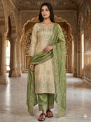 JF 039 B Beige and Sage Green Silk Embroidered Worked Pakistani Suits