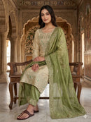 JF 039 B Beige and Sage Green Silk Embroidered Worked Pakistani Suits