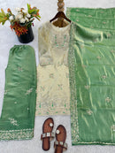 JF 039 B Beige and Sage Green Silk Embroidered Worked Pakistani Suits