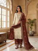 JF 039 C Cream and Chocolate Brown Silk Embroidered Worked Pakistani Suits