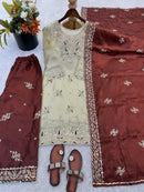 JF 039 C Cream and Chocolate Brown Silk Embroidered Worked Pakistani Suits