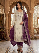 JF 039 D Cream and Deep Purple Silk Embroidered Worked Pakistani Suits