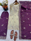 JF 039 D Cream and Deep Purple Silk Embroidered Worked Pakistani Suits
