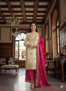 JF 039 E Cream and Fuchsia Pink Silk Embroidered Worked Pakistani Suits