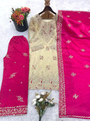 JF 039 E Cream and Fuchsia Pink Silk Embroidered Worked Pakistani Suits