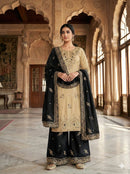 JF 039 F Beige and Black Silk Embroidered Worked Pakistani Suits