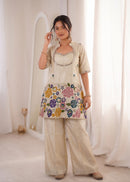KR 1015 Ivory Chanderi Silk Floral Embroidered Co-Ord Set