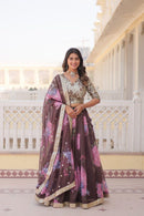 LW 7104 B Brown Floral Printed Organza Lehenga