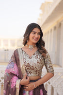 LW 7104 B Brown Floral Printed Organza Lehenga