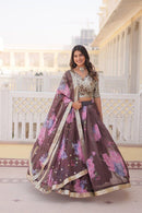 LW 7104 B Brown Floral Printed Organza Lehenga