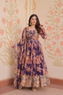 LW 9236 B Teal Floral Printed Anarkali Gown