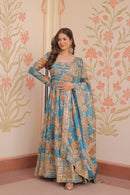 LW 9236 A Teal Floral Printed Anarkali Gown