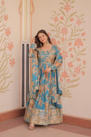 LW 9236 A Teal Floral Printed Anarkali Gown