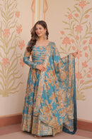 LW 9236 A Teal Floral Printed Anarkali Gown