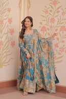 LW 9236 A Teal Floral Printed Anarkali Gown