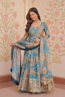 LW 9236 A Teal Floral Printed Anarkali Gown