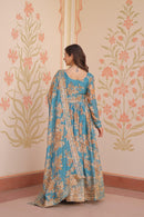 LW 9236 A Teal Floral Printed Anarkali Gown