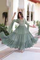 KA 1213 Olive Green Embroidered Flared Anarkali Gown