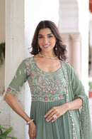 KA 1213 Olive Green Embroidered Flared Anarkali Gown