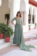 KA 1213 Olive Green Embroidered Flared Anarkali Gown
