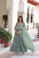 KA 1213 Olive Green Embroidered Flared Anarkali Gown
