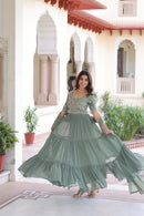 KA 1213 Olive Green Embroidered Flared Anarkali Gown