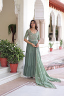 KA 1213 Olive Green Embroidered Flared Anarkali Gown