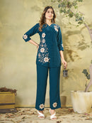 DIVA 161 B EthnicTeal Blue Embroidered Co Ord Set