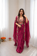 BB 54 Maroon Indo Western Cape Set with Draped Skirt & Bustier