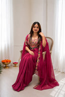 BB 54 Maroon Indo Western Cape Set with Draped Skirt & Bustier