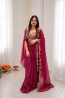 BB 54 Maroon Indo Western Cape Set with Draped Skirt & Bustier