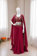 BB 54 Maroon Indo Western Cape Set with Draped Skirt & Bustier