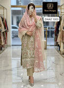 Ziaaz 1003 Premium Olive Green & Pink Embroidered Work Pakistani Suit