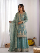 NSR 894 Designer Teal Blue Georgette Sharara Suit