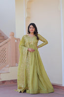 LW 9240 A Olive Green Embroidered Anarkali Gown