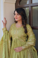 LW 9240 A Olive Green Embroidered Anarkali Gown