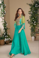 Sayuri Designer 10046 Teal Green Chinon Silk Indo Western Set