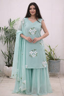 KR 119 Mint Green Hand-Painted Sharara Suit