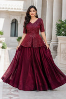 LW 7167 B Royal Red Printed Peplum Embroidery Work Lehenga