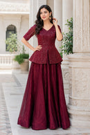 LW 7167 B Royal Red Printed Peplum Embroidery Work Lehenga