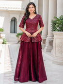 LW 7167 B Royal Red Printed Peplum Embroidery Work Lehenga