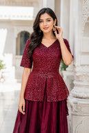 LW 7167 B Royal Red Printed Peplum Embroidery Work Lehenga