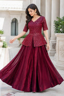 LW 7167 B Royal Red Printed Peplum Embroidery Work Lehenga