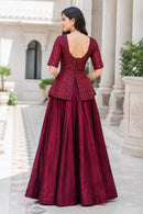 LW 7167 B Royal Red Printed Peplum Embroidery Work Lehenga