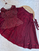 LW 7167 B Royal Red Printed Peplum Embroidery Work Lehenga