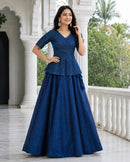 LW 7167 A Royal Blue Printed Peplum Embroidery Work Lehenga
