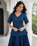 LW 7167 A Royal Blue Printed Peplum Embroidery Work Lehenga