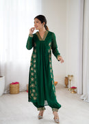 CDRS 206 Designer Emerald Green Pure Georgette Thread Embroidery Kurti
