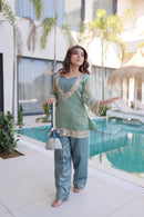 LW 9319 Sage Green Heavy Mirror Work Kurti Set